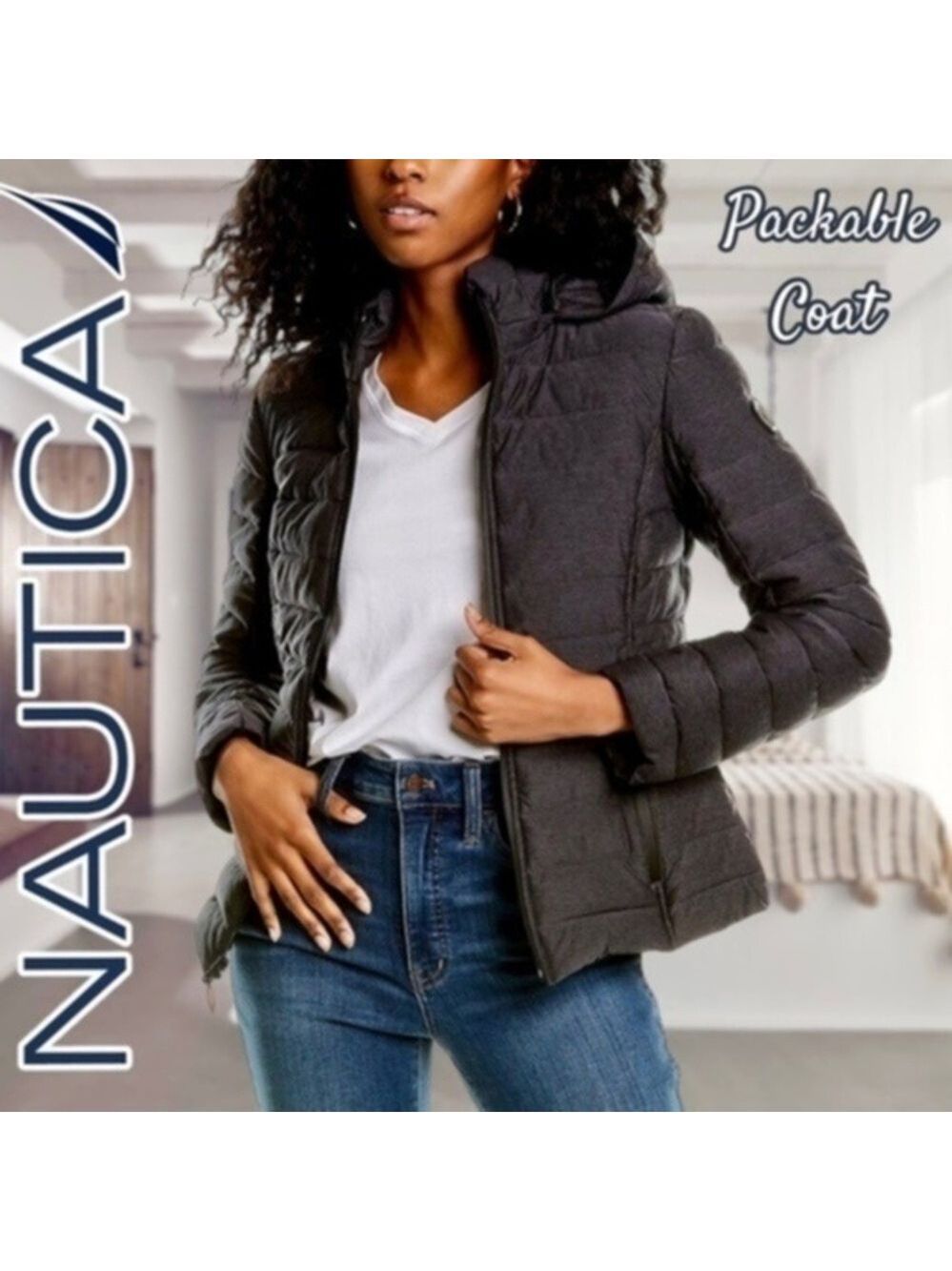 NAUTICA Zip-Off Hood, H2o Resist, Packable w/Sack, High Neck Puffer Coat NWT/XL